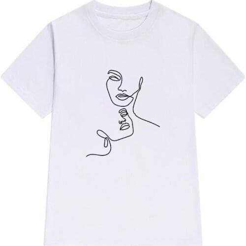 T-shirts Women Summer Linear Human Faces Printed women clothing Graphic white t shirt Casual Streetwear tee shirt femme XXXL