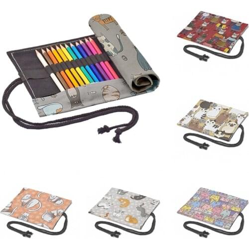 Kawaii Cats Printed Canvas Storage Bag Women 12/24/36/48/72 Holes Student Drawing Arting Stationery Pen Bag Roll Pencil Case