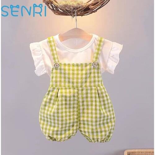 Summer Baby Girls Cotton Short Sleeve Cartoon Bear T-Shirt Tops + Plaid Print Overalls Pants Casual Kids 2Pcs Suits Clothing Set