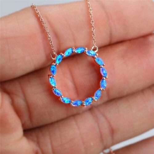 Cute Hollow Round Wedding Necklace Charm Female Blue Opal Leaf Pendant Necklace Rose Gold Silver Color Chain Necklaces For Women
