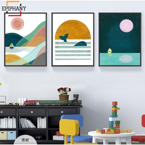 Sunset Wall Art Whale Poster Nautical Nursery Moon Print Scandinavian Nursery Canvas Painting Cartoon Pictures Kids Room Decor