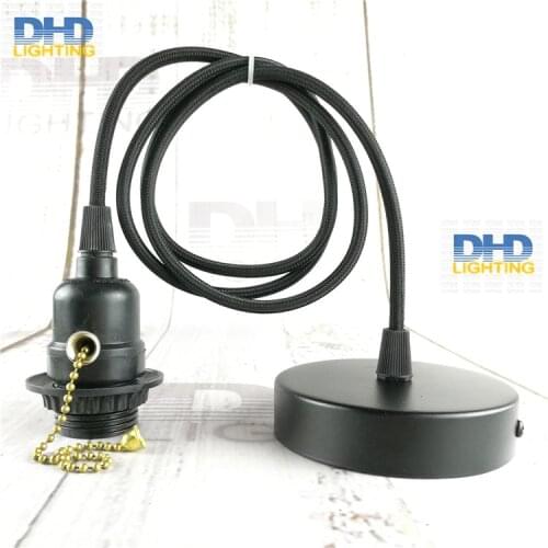 Free ship E27 UL Edison lamp fixture black bakelite zipper switch thread socket plastic lamp holder black wire and ceiling plate