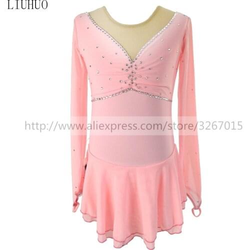 Figure Skating Dress Womens Girls' Ice Skating Dress Light pink high stretch fabric Round neck long sleeve Lovely