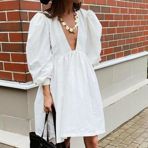 Deep V Neck Dresses Women Fashion Puff Sleeve Pleated Mini Dress Women Elegant Collected Waisted Dresses Female Ladies