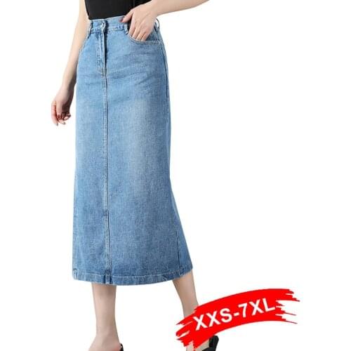 Plus Size Side Split Elastic High Waist Straight Denim Skirts 6Xl 7Xl Spring Summer Office Lady Mid-Calf Length Skirt Mom Jeans