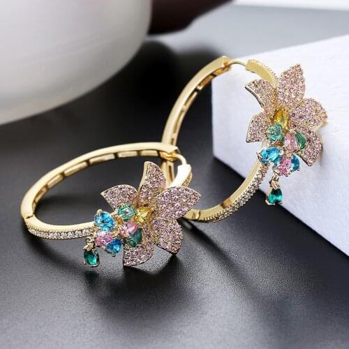 Luxury Flower Earrings for Women Zircon Round Hoop Earrings Gold Plating XIUMEIYIZU New Fashion Jewelry Export Brazil