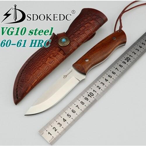 SDOKEDC Knives SD801 VG10 Steel Fixed Blade knife Rosewood Handle Hunting Knife Survival Tactical Self Defense Camping Knifes