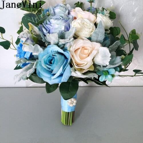 JaneVini Western Wedding Bouquet Blue Artificial Bridal Flowers Bride Bouquets White Silk Rose Bouquet Fleur Artificielle 2019