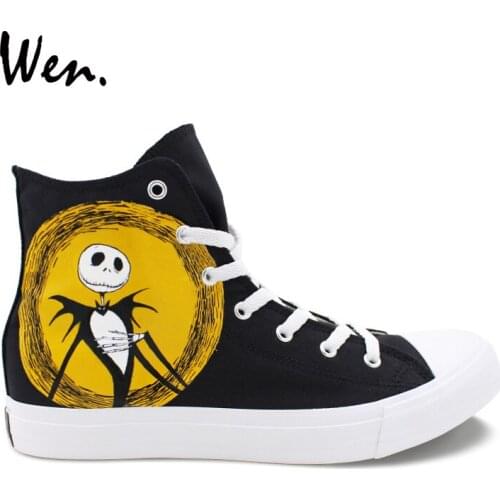 Wen Unisex Design Hand Painted Custom Shoes Nightmare Before Christmas High Top Canvas Shoes Black Lace Up Skateboard Sneakers