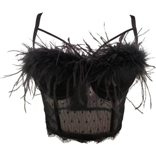 Women Sexy Designer Feather Lace Mesh Black White Feathers Cotton Camisole Tops Summer 2021 Ladies Trendy Camis Crop Tops