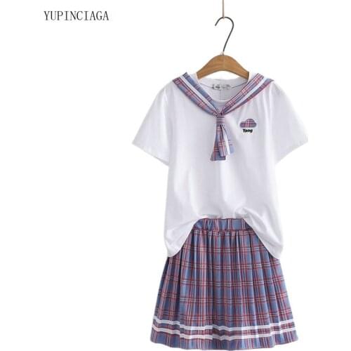 Harajuku Sailor Collar Sweet T-shirt Short-Sleeve + Skirt Suit 2021 Summer New Two Piece Sets Women Matching Set 2117420