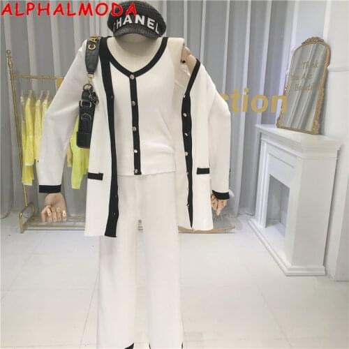 ALPHALMODA 2020 Spring Women Elegant 3pcs Knitting Suit Cardigans Long Cardigan Outfit + Single Breasted Tank Top +Wide-leg Pant