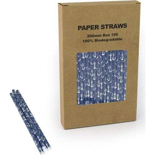 100pcs/Box Navy Anchor Paper Straws Bulk,Nautical Boy Sea Sailor Birthday Wedding Party Coffee Bar Restaurant Drinking Straws