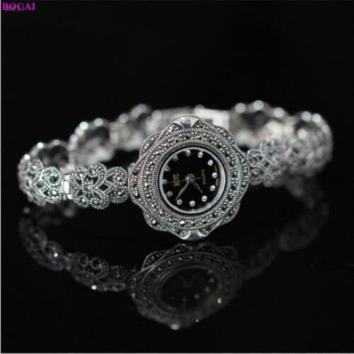 BOCAI 100% real sterling silver S925 bracelets fashion Thai silver jewelry womens Pure Argentum watchband watch hand chain
