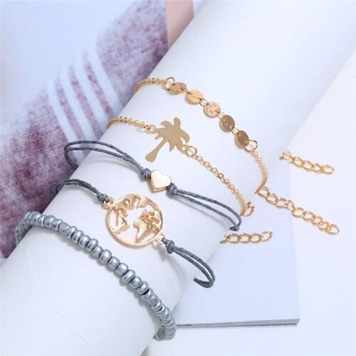 L&H 5PCS/Set Lovely Beads Bracelets Bangles Women Fahsion Heart/Map Double Thin Blue Link Bracelets Round Sequins pulseras mujer