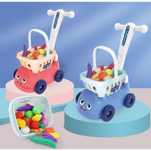 Kids Portable Supermarket Shopping Cart Trolley Simulation Kitchen Vegetables Pretend Play House Girls Toys