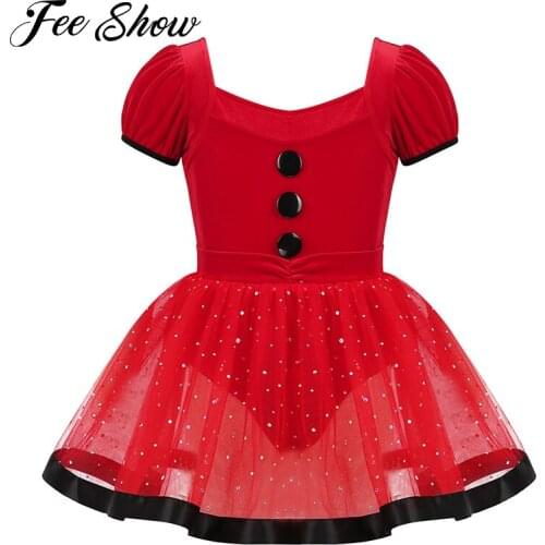 Kids Girls Christmas Dance Costumes Puff Sleeves Figure Skating Dress Baton Twirling Sequined Ballerina Gymnastics Leotard Dress
