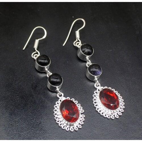 Gemstonefactory Big Promotion 925 Silver Black Sun Sitara Red Garnet Women Ladies Gifts Dangle Drop Earrings 20212379