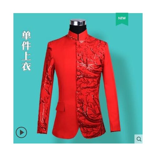 Stand collar Chinese tunic suit men red suits designs stage costumes singers jacket men sequins blazer dance star style clothes