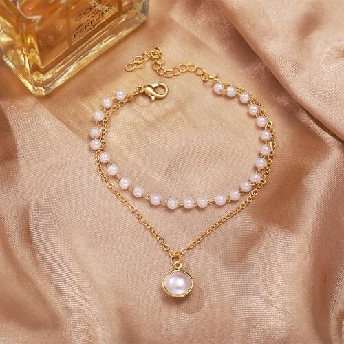 Fashion Multi-layer Imitation Pearl Pendant Bracelet For Women Girls Cute Gold Silver Chain Bangles Bracelets Jewelry Gift BFF