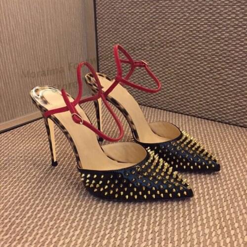Moraima Snc Women pumps Elegant Pointed Toe Rivets Studded Office Lady Shoes Mixed Colors Ankle Strap High Heel Shoes