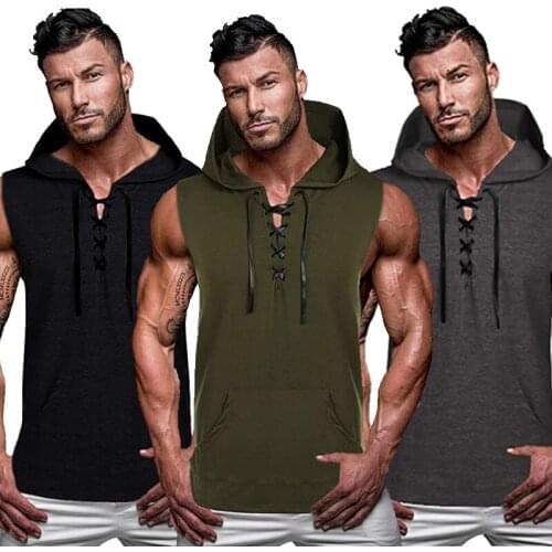 2021 Mans Summer Short Sleeveless Hooded Vest Male Solid Color Lace-Up Slim Casual Sweatshirt Vest Tops
