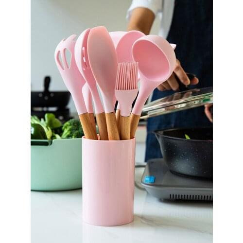 Silicone Kitchen Tools Set Cooking Tools Utensils Set Non-Stick Spatula Shovel Soup Spoon Wooden Handle Heat-resistant Design