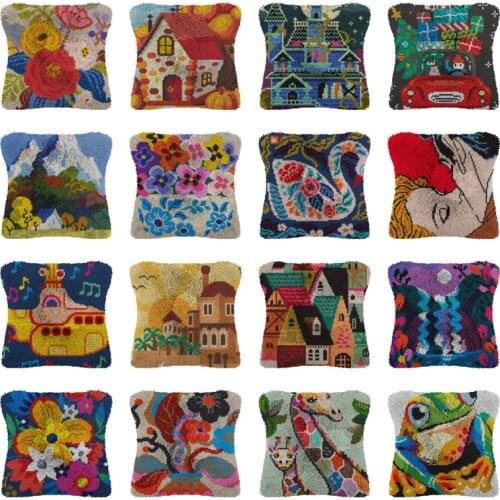 Latch Hook Cushion Blue Flowers Pillow Case Pre-Printed Color Canvas Acrylic Yarn Latched Hook Pillow Kits Crochet Cushion Cover