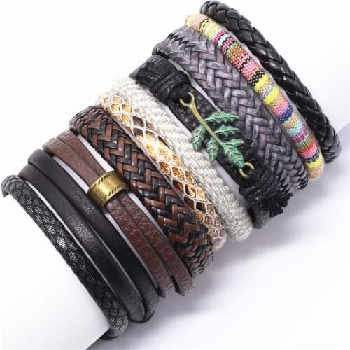 New Punk Boho Leather Bracelet Men Homme Weave Wrap Leaf Charm Bracelets for Women Jewelry Pulsera Hombre Erkek Bileklik Bijoux