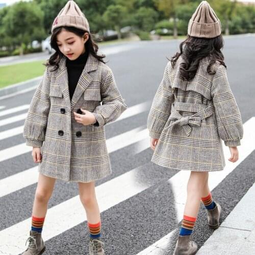 Autumn Winter Wool Girls Overcoats Vintage Plaid Loose Casual Teenage Girls Long Coats Double Breasted Children Outwear 5-13T