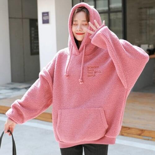Autumn Winter Clothes Warm Woolen Hoodies Sweatshirt Women Plush Thick Loose Pocket Jacket Long Sleeve Kawaii Letter Pullover