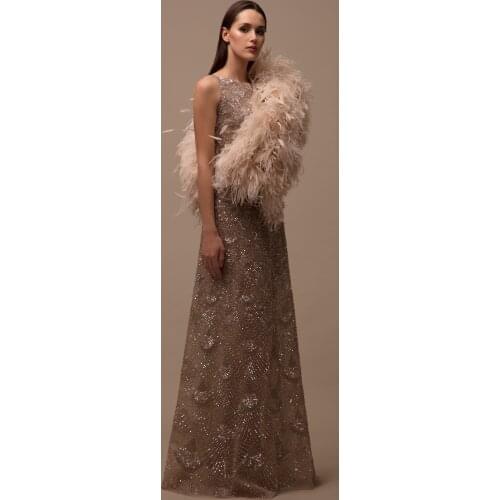 2020 Luxury Feather Tippet Prom Gowns A-Line Full Length Sleeveless Beaded Sequins Cloth Party Dresses Evening Dresses