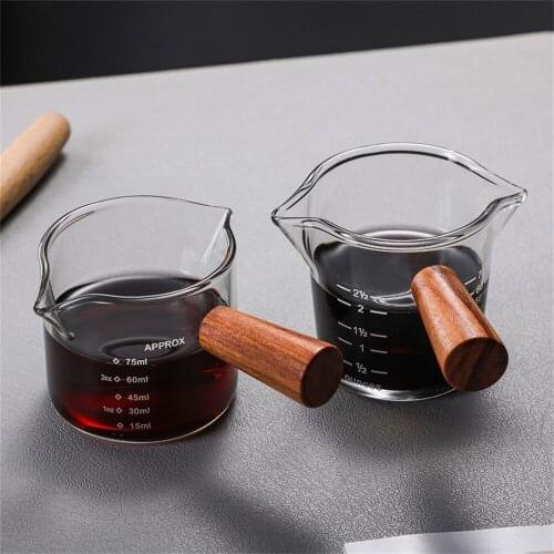 Glass Cup Heat-resisting Glass Espresso Measuring Cup Double Mouth Glass Milk Jug With Wooden Handle Glass Scale Measure Mugs