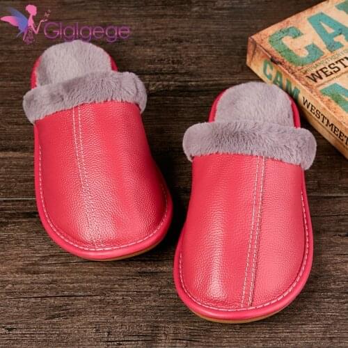 Glglgege Women 2020 Winter Slippers with Women Cow Leather Waterproof Warm Home Slipper Male Indoor Cotton Flip flops Shoes