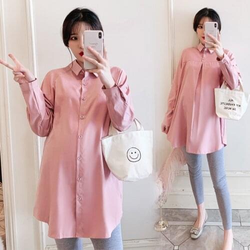 Spring Korean Fashion Maternity Blouse Chic Ins Long Sleeve A Line Loose Pink Shirt for Pregnant Women Pregnancy Tops