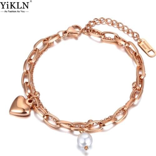 YiKLN 316L Stainless Steel White Pearl Chain & Link Bracelets For Women Double Layer Bohemia Heart Charm Bracelet YB20167