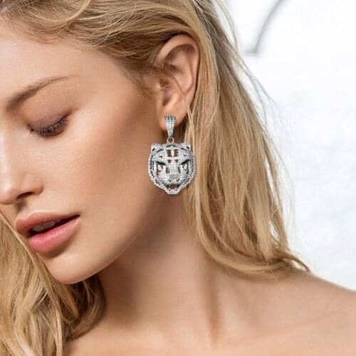 Zlxgirl jewelry Statement Tiger Shape animal Stud Earrings for Women Party Occasion Top Shiny zirconia Copper earrings bijoux