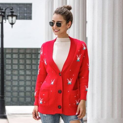 Women Casual Christmas Elk Printed Cardigans Front Buttons Pockets Holiday Party Woman Sweater Autumn New Knitted Jumper Sweater