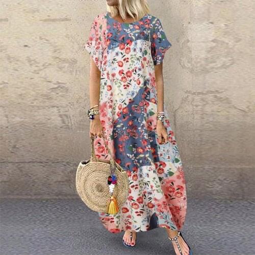Vintage Floral Dress Women 2021 Summer Boho Dress Casual Loose Short Sleeve Dress Bohemian Style Robe Femme Vestidos De Verano