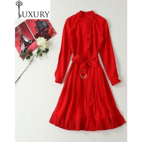 2020 High Quality Red Spring Summr Style Women Ruffle Pleated Patchwork Ring Belts Long Sleeve Dress Wear to Work