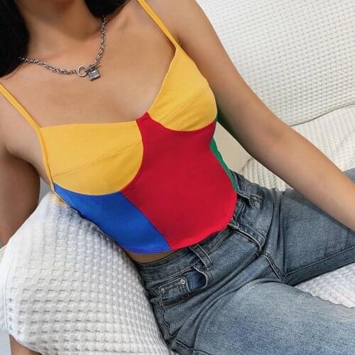 2021 Summer Womens Sexy Mixed Color Patchwork Irregular Slim Camisole Cropped Stretch Backless Tops y1042