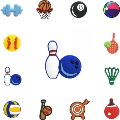 1PCS PVC Brooches Football basketball volleyball badminton table tennis baseball billiards Bowling Icons Clothes hat Pins gift