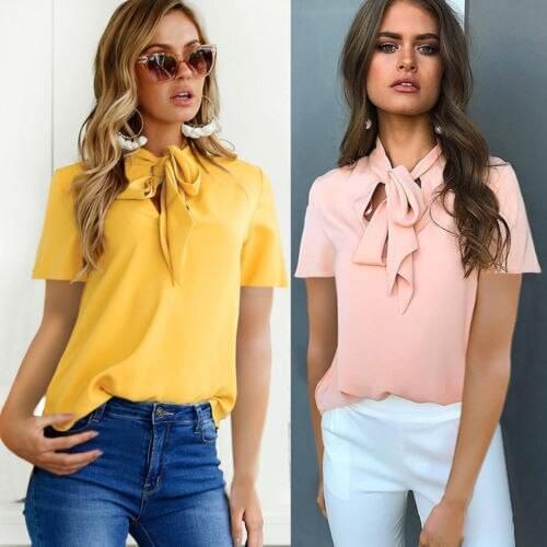 T-Shirt 2018 New Brand Women Casual Chiffon Short Sleeve Solid Bowknot Lace Up T-shirt Summer Tops