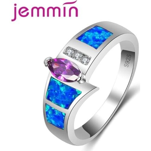 Classic Dazzling Irregular Colorful Ring Blue Purple White Crystal Stone 925 Sterling Silver Ring Women Noble Ring