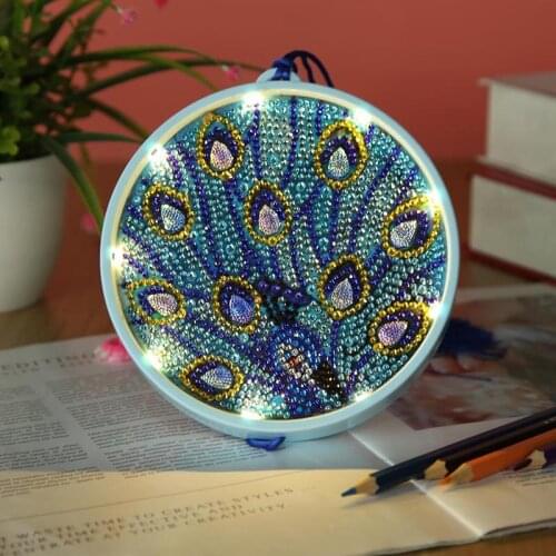 Round DIY Peacock Feather Diamond Painting Light DIY Embroidery Lamp Special Shaped Drill LED Lamp Tassel Hanging Ornament