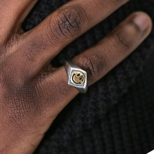 Square Retro Smiley Chunky Gold Color Adjustable 925 Sterling Silver Rings For Women Vinrage Dainty Trendy Jewelry Gift