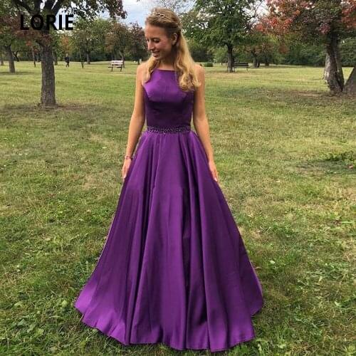 LORIE Purple Satin Evening Dresses 2020 Simple Formal Evening Party Gown Plus Size Boat Neck Beading Belt Lace-up Princess Dress