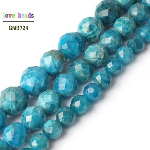 Natural Faceted Blue Apatite Gem Stone Round Loose Beads for Jewelry Making Diy Bracelet Necklace 15'' 6mm 8mm 10mm
