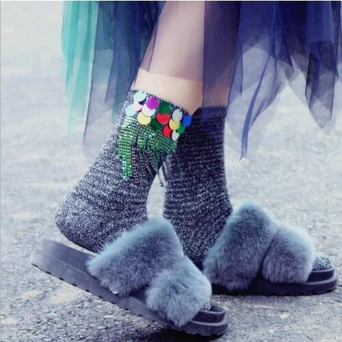 2017 New Peacock Blue Autumn Winter Punk Fashion Glitter Socks Women Bling Tassel Embellishment Novelty Socks for women gift