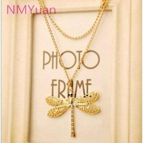 New fashion star models retro hollow dragonfly wings gilded highlighting long necklace female pendant jewelry wholesale